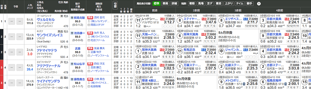 動画: 出馬表の馬柱表示切替ボタンなどを押して、背景に色が付いたりする様子