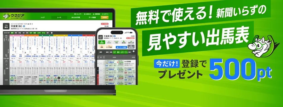無料で使える！新聞いらずの見やすい出馬表。今だけ！登録で500ポイントプレゼント